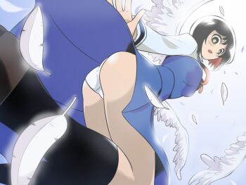 Rule 34 | 1girl, black hair, black socks, feathers, female focus, flustered, from below, kneehighs, m o (prftz), panties, pantyshot, perspective, samon-kun wa summoner, short hair, socks, solo, teshigawara sakura, underwear, upskirt, yellow eyes