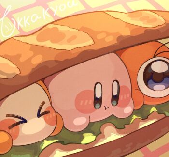 &gt;_&lt; :t blue_eyes blush_stickers closed_eyes closed_mouth commentary food highres in_food kirby kirby_(series) nintendo no_humans one-eyed sandwich signature tokkakyou waddle_dee waddle_doo