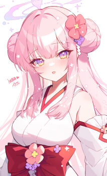 1girl alternate_costume apple_caramel blue_archive blush character_name commentary_request detached_sleeves double_bun hair_between_eyes hair_bun hair_ornament halo highres japanese_clothes kimono long_hair long_sleeves looking_at_viewer mika_(blue_archive) miko open_mouth pink_hair pink_halo purple_eyes red_trim simple_background sleeveless sleeveless_kimono smile solo upper_body very_long_hair white_background white_kimono