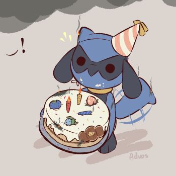 ! advos artist_name black_fur blue_fur brown_background cake candle chibi commentary english_commentary food gen_4_pokemon hat holding holding_cake holding_food looking_at_viewer nintendo party_hat pokemon pokemon_(creature) riolu simple_background solo tail two-tone_fur