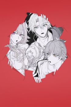 armor black_coat blue_eyes caelus_(honkai:_star_rail) coat commentary cyrene_(honkai:_star_rail) dress english_commentary grey_hair highres honkai:_star_rail honkai_(series) molingxiao7 phainon_(honkai:_star_rail) purple_eyes red_background simple_background torn trailblazer_(honkai:_star_rail) upper_body yellow_eyes