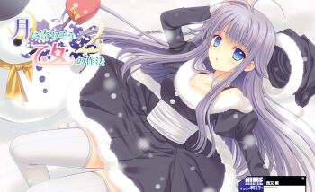 1girl absurdres blue_eyes breasts cleavage dress fur_trim hat unworn_hat unworn_headwear highres light_purple_hair long_sleeves nishimata_aoi snow snowman thighhighs tsuki_ni_yorisou_otome_no_sahou_2 white_thighhighs youkadou_sakuri