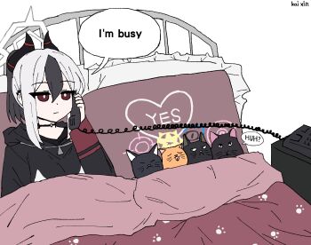 1girl :p animalization bed bed_frame black_cat black_choker black_hair black_halo black_hoodie black_streaks blue_archive blue_halo bright_pupils cat choker closed_mouth commentary corded_phone curled_horns earrings english_text expressionless frilled_pillow frills hair_between_eyes halo highres holding holding_phone hood hoodie horns huh?_cat_(meme) jewelry jitome kai_xin kayoko_(blue_archive) kazusa_(blue_archive) kikyou_(blue_archive) long_sleeves mari_(blue_archive) meme multiple_cats on_bed orange_cat paw_print phone pillow pink_halo ponytail red_eyes serika_(blue_archive) simple_background tongue tongue_out trait_connection under_covers whiskers white_background white_hair white_halo white_pupils yellow_halo yes-no_pillow