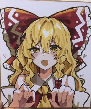 alternate_costume ascot blonde_hair blush bow cosplay detached_sleeves embarrassed frilled_hair_tubes frills hair_tubes hakurei_reimu hakurei_reimu_(cosplay) highres izumi_no_yasushi_aya kirisame_marisa long_hair looking_at_viewer open_mouth red_bow red_ribbon ribbon ribbon-trimmed_sleeves ribbon_trim simple_background solo touhou