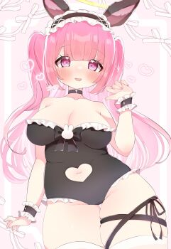 1girl animal_ears black_choker black_leotard blush breasts choker cleavage clothing_cutout commission frilled_cuffs frilled_hairband frilled_leotard frills hairband heart heart-shaped_pupils heart_cutout highres leotard long_hair medium_breasts navel navel_cutout open_mouth original pink_background pink_eyes pink_hair plump sena_milk skeb_commission skindentation smile solo symbol-shaped_pupils thick_thighs thigh_gap thigh_strap thighhighs thighs two_side_up white_thighhighs wide_hips wrist_cuffs