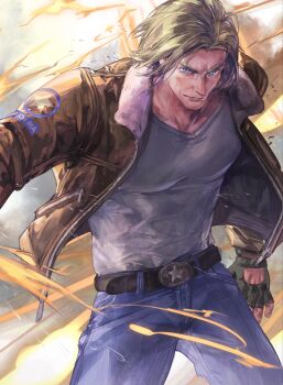 1boy baiyeju8 belt belt_buckle black_belt black_gloves blonde_hair blue_eyes blue_pants bomber_jacket brown_jacket buckle closed_mouth commentary_request denim fatal_fury fingerless_gloves fur-trimmed_jacket fur_trim garou:_mark_of_the_wolves gloves highres jacket jeans long_sleeves male_focus medium_hair open_clothes open_jacket pants shirt shirt_tucked_in solo sweat t-shirt terry_bogard white_shirt