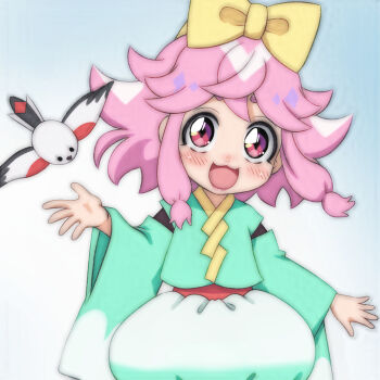 1girl :3 animal bird blush bow detached_sleeves diamond-shaped_pupils diamond_(shape) green_kimono hair_bow highres japanese_clothes kimono long_sleeves looking_at_viewer maro_(mashin_souzouden_wataru) mashin_eiyuuden_wataru mashin_souzouden_wataru obi open_mouth pink_hair red_eyes sash short_hair smile standing symbol-shaped_pupils t_jiroo_(ringofriend) upper_body uzume_(mashin_souzouden_wataru) white_background wide_sleeves yellow_bow