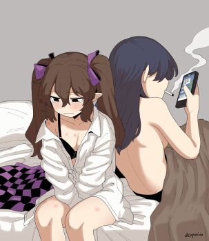Rule 34 | 2girls, absurdres, black bra, blush, bow, bra, breasts, brown hair, cellphone, cigarette, cleavage, commentary request, hair bow, hickey, highres, himekaidou hatate, holding, holding phone, iizunamaru megumu, kapuri (capuriwa), medium breasts, missing headwear, multiple girls, on bed, partially unbuttoned, phone, pointy ears, purple bow, shirt, sitting, skirt, smartphone, smoke, smoking, tearing up, topless female, touhou, twintails, twitter username, under covers, underwear, unworn skirt, white shirt, yuri