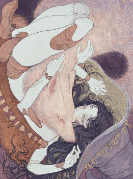 1girl animal animal_hug black_hair brown_socks doll_joints elden_ring green_eyes hagushka hat highres joints nude one_eye_closed purple_hat ranni_the_witch socks witch_hat wolf