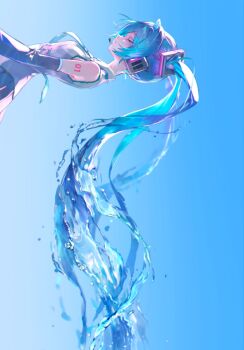 1girl aqua_hair aqua_necktie arm_tattoo backlighting black_skirt black_sleeves blue_background blurry blurry_background clip_studio_paint_(medium) commentary detached_sleeves floating_hair from_side gradient_background grey_shirt hatsune_miku headphones headset highres liquid_hair long_hair making-of_available necktie pleated_skirt profile shirt sideways simple_background skirt smile solo standing tattoo tetete_(pooolsar) twintails upper_body very_long_hair vocaloid water_drop