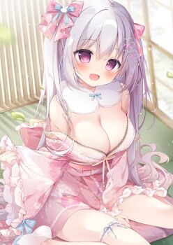 1girl bare_shoulders blush bow breasts cleavage commentary day fingernails floral_print floral_print_kimono frilled_thigh_strap grey_hair hair_between_eyes hair_bow indoors japanese_clothes kimono large_breasts long_hair looking_at_viewer obi off_shoulder open_mouth original pink_bow pink_kimono pink_sash print_kimono purple_eyes sash shirosei_mochi sitting solo symbol-only_commentary thigh_strap very_long_hair wariza