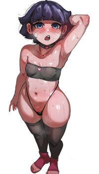 1girl absurdres arm_at_side arm_behind_head arm_up armpits bare_arms bare_shoulders black_choker black_panties black_thighhighs black_tube_top blue_eyes blunt_bangs blush boruto:_naruto_next_generations breasts breath choker collarbone covered_erect_nipples embarrassed eyebrows eyelashes facial_mark female_focus from_above full_body heart heart_choker highleg highleg_panties highres lizel loli looking_at_viewer midriff naruto_(series) navel open_mouth panties pink_sandals purple_hair sandals self-upload short_hair simple_background small_breasts solo steaming_body strapless sweat teeth thighhighs thighs tube_top underwear uzumaki_himawari whisker_markings white_background wide_hips