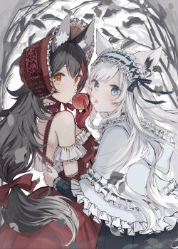 2girls absurdres animal_ear_fluff animal_ears apple aqua_eyes black_hair breasts dress elbow_gloves food fox_ears fox_girl frilled_dress frilled_hafrilled frilled_hairband frills fruit gloves grey_dress hair_between_eyes hair_ornament hairband highres holding holding_food holding_fruit hololive long_hair looking_at_viewer looking_back low-tied_long_hair medium_breasts multiple_girls ookami_mio orange_eyes red_dress red_gloves red_hair shirakami_fubuki sleeveless sleeveless_dress sonnamonaka tongue tongue_out very_long_hair white_hair wolf_ears wolf_girl