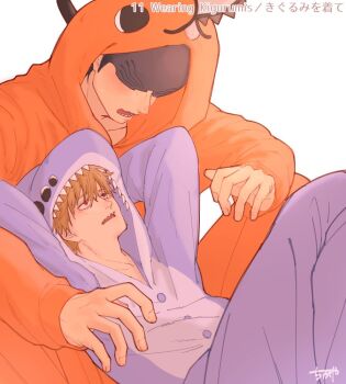 Rule 34 | 2boys, alternate costume, animal costume, beam (chainsaw man), blonde hair, chainsaw man, chigaya owo, commentary request, cosplay, denji (chainsaw man), fingernails, kigurumi, looking at another, male focus, multiple boys, open mouth, pochita (chainsaw man), shark, shark boy, shark costume, shark fin, shark head, sharp teeth, short hair, simple background, teeth, white background