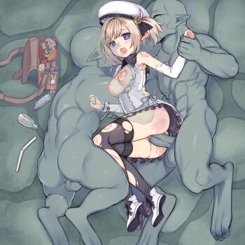 1girl 2boys absurdres arm_grab armpits bag bare_shoulders bite_mark black_panties black_thighhighs blonde_hair blood blue_eyes breasts breasts_out bruise clenched_hands clitoris clothed_female_nude_male colored_skin defloration elf empty_eyes fingernails french_kiss frills from_above full_body goblin grabbing_another's_breast green_skin groping hat hetero high_heels highres holding_another's_wrist injury kiss large_insertion legs_together looking_at_viewer lying medium_breasts monster multiple_boys nipples nude on_floor on_side open_clothes open_mouth open_shirt panties panties_around_leg penis pointy_ears potion purple_eyes pussy rape saliva sex sex_from_behind shirt shoes short_hair tama_(tamatamo) tears teeth testicles thighhighs third-party_edit tongue tongue_out torn_clothes torn_legwear torn_shirt torn_thighhighs transparent twintails uncensored underwear upper_teeth_only vaginal veins veiny_penis white_headwear