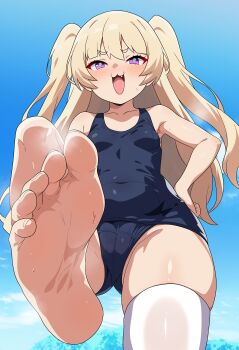 1girl :3 absurdres armpits asymmetrical_legwear azur_lane bache_(azur_lane) blonde_hair blue_one-piece_swimsuit blush breasts cameltoe covered_navel feet foot_focus from_below groin hand_on_own_hip highres igarashi_gozo loli long_hair looking_at_viewer looking_down one-piece_swimsuit open_mouth pink_eyes school_swimsuit small_breasts smell smile smug soles solo swimsuit thighhighs twintails white_thighhighs