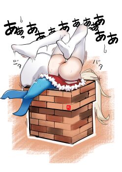 1girl absurdres ass chimney commentary highres indie_virtual_youtuber johnny_(braun-kan_cafe) sameko_saba solo stuck tail thighhighs virtual_youtuber white_thighhighs