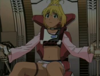 00s 1girl angry animated animated_gif bandai bare_legs blonde_hair dark-skinned_female dark_skin female_focus geneshaft long_hair looking_back machine pelvic_curtain ponytail sitting skirt solo talking tiki_musicanova