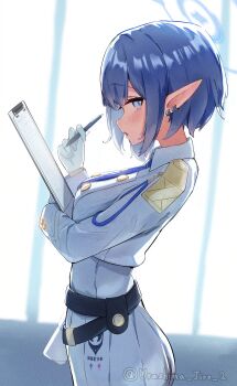 1girl absurdres aoi_(blue_archive) artist_name blue_archive blue_eyes blue_hair blue_halo earrings from_side gloves halo highres holding holding_pen indoors jewelry looking_at_viewer pen pointy_ears short_hair solo urashima_jiro white_gloves