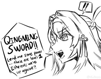 ! !! 1girl breasts clover_hair_ornament commentary cropped_head english_text greyscale hair_intakes hair_ornament hashtag-only_commentary long_hair monochrome open_mouth simple_background small_sweatdrop solo speech_bubble teeth upper_teeth_only white_background wtvr_ccc ye_shunguang zenless_zone_zero