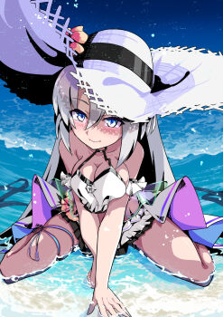 Rule 34 | 1girl, beach, bikini, black trim, blue eyes, breasts, cleavage, closed mouth, commentary request, dentosaginuma, duel masters, duel masters play's, flower, grey hair, hair between eyes, hat, hat flower, hibiscus, highres, kanon (duel masters), kanon (white wave) (duel masters), long hair, medium breasts, ocean, outdoors, sitting, solo, straw hat, swimsuit, wariza, white bikini, white hat