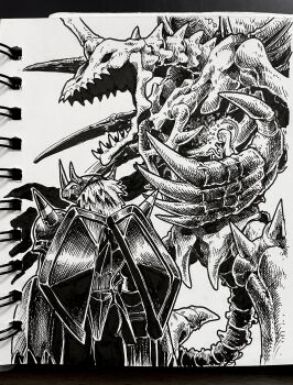 1girl absurdres armor blackwargreymon claws commentary_request crossover digimon digimon_(creature) dress helmet highres horns long_hair monster open_mouth person_on_hand photo_(medium) ribbon_around_body sharp_teeth skeleton skullgreymon snake spikes suteruko teeth touhou traditional_media yuiman_asama
