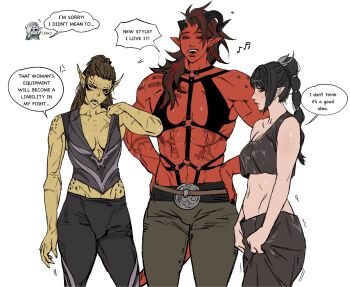 Rule 34 | 3girls, abs, alternate costume, anger vein, baldur's gate, baldur's gate 3, belt, black hair, black nails, black pants, black shirt, braid, braided ponytail, broken horn, brown hair, cbb (tuucoo), chest harness, chinese commentary, circlet, collarbone, colored skin, commentary request, cosplay, costume switch, cowboy shot, crop top, curled horns, demon girl, demon horns, dungeons & dragons, elf, english text, facial tattoo, frown, gith (dungeons &amp; dragons), grey pants, grey shirt, hands on own hips, harness, horns, karlach, karlach (cosplay), lae'zel, lae'zel (cosplay), medium hair, midriff, multicolored hair, multiple girls, muscular, muscular female, musical note, navel, o-ring, open mouth, pants, plunging neckline, pointy ears, red hair, red skin, scar, scar on arm, scar on chest, scar on face, scar on nose, shadowheart (baldur's gate), shadowheart (baldur's gate) (cosplay), shirt, simple background, single braid, sleeveless, sleeveless shirt, smile, speech bubble, standing, streaked hair, tattoo, tav (baldur's gate), tiefling, two-tone hair, white background, yellow skin