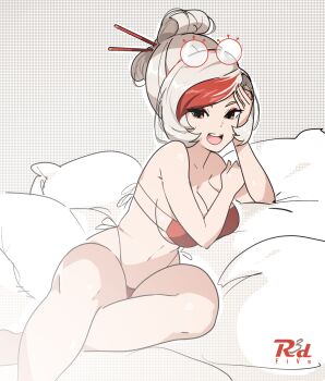 1girl bed bikini breasts cleavage eyepatch_bikini eyeshadow hyrule_warriors hyrule_warriors:_age_of_calamity large_breasts legs looking_at_viewer makeup multicolored_hair navel nintendo open_mouth orange_eyes pillow purah r3dfive red_bikini red_eyes red_hair short_hair silver_hair sitting smile solo streaked_hair swimsuit teeth the_legend_of_zelda the_legend_of_zelda:_breath_of_the_wild thong upper_teeth_only