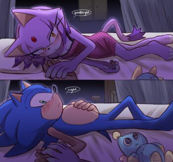 1boy 1girl animal_ears bed blaze_the_cat blue_fur blush cat_ears cat_girl cat_tail chao_(sonic) forehead_jewel furry furry_female green_eyes holding_hands on_bed pillow purple_fur sleepwear sonic_(series) sonic_the_hedgehog stuffed_toy tail yellow_eyes yeonwu08