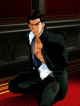 Rule 34 | 1boy, angry, bara, capcom, carpet, justice gakuen, kazama daigo, looking at viewer, male focus, masanori, scar, shiritsu justice gakuen, solo, squatting