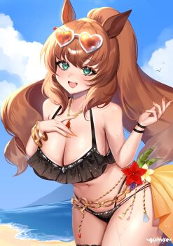 1girl absurdres animal_ears bare_shoulders beach bikini bird black_bikini blue_eyes blue_sky blush bracelet breasts brown-tinted_eyewear brown_hair cleavage cloud eyewear_on_head green_eyes gumae hair_between_eyes heart heart-shaped_eyewear highres horse_ears horse_girl horse_tail jewelry large_breasts long_hair looking_at_viewer maruzensky_(hot_summer_night)_(umamusume) maruzensky_(umamusume) navel ocean official_alternate_costume open_mouth orange-tinted_eyewear outdoors ponytail ruffle_bikini sky smile solo stomach sunglasses swimsuit tail tinted_eyewear umamusume water white-framed_eyewear