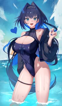 1girl absurdres blue_eyes blue_hair blue_nails blue_one-piece_swimsuit breasts chain chain_headband cleavage cleavage_cutout clothing_cutout day fangs hair_intakes heart highleg highleg_one-piece_swimsuit highres hololive hololive_english large_breasts long_hair looking_at_viewer ocean official_alternate_costume official_alternate_hairstyle one-piece_swimsuit open_mouth ouro_kronii ouro_kronii_(holonatsu_paradise) outdoors solo swimsuit thigh_strap virtual_youtuber wading wet zen1zen3