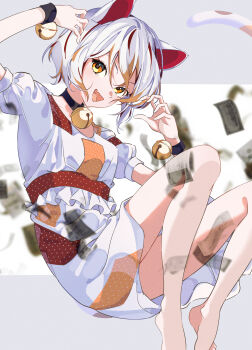 1girl :d absurdres animal_ears banknote bare_legs barefoot bell black_choker breasts calico_(pattern) cat_ears cat_girl cat_tail choker fang frills goutokuji_mike highres jingle_bell looking_at_viewer mizoreshi money multicolored_shirt multicolored_skirt multicolored_tail neck_bell open_mouth orange_eyes orange_hair patch patchwork_clothes puffy_short_sleeves puffy_sleeves shirt short_sleeves skin_fang skirt small_breasts smile solo tail touhou white_shirt white_skirt