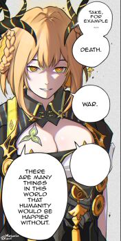 1girl @_@ antlers artist_name black_shirt blonde_hair braid breasts chainsaw_man cleavage cleavage_cutout clothing_cutout collared_shirt comic_panel_redraw derivative_work duet_night_abyss english_text horns large_breasts long_hair looking_at_viewer makima_(chainsaw_man) mesaria_art no_mole parody shirt smile solo speech_bubble upper_body white_background yellow_eyes zhiliu_(duet_night_abyss)