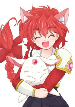 1girl :3 ^_^ animal animal_ear_fluff animal_ears armor black_skirt blush braid braided_ponytail closed_eyes commentary_request forehead_jewel gold_trim hair_between_eyes highres holding holding_animal kemonomimi_mode long_hair long_sleeves loped magic_knight_rayearth mokona open_mouth partial_commentary pleated_skirt red_hair red_sleeves shidou_hikaru shirt shoulder_armor skirt smile soumanantoka spiked_hair upper_body white_shirt
