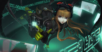 1girl black-framed_eyewear black_bodysuit black_gloves black_pants blunt_bangs blush bodysuit breasts brown_hair glasses gloves goggles goggles_on_head holographic_interface holographic_monitor holographic_touchscreen long_hair morgana_(persona_5) necronomicon_(persona_5) oracle_(persona_5) pants persona persona_5 sakura_futaba smile solo takamaki_anne tentacles touchscreen vafar7