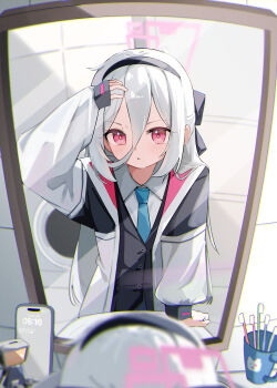 Rule 34 | 1girl, absurdres, aoi (swoi ekk), black hairband, blue archive, blue necktie, blush, cellphone, commentary, hair between eyes, hairband, halo, highres, jacket, kei (blue archive), kei (new body) (blue archive), long hair, long hair between eyes, long sleeves, looking at mirror, mirror, necktie, parted lips, phone, pink halo, rectangular halo, red eyes, reflection, shirt, sleeves past wrists, solo, toothbrush, white hair, white jacket, white shirt