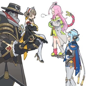 1boy 3girls aino_(genshin_impact) bare_shoulders blonde_hair blue_hair ddal detached_sleeves dress genshin_impact hat high_heels highres ineffa_(genshin_impact) joints long_hair mechanical_arms multiple_girls pink_hair pulonia_(genshin_impact) robot robot_joints sandrone_(genshin_impact) short_hair tail twintails white_dress winding_key