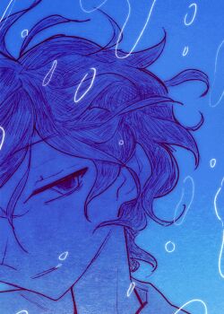 1boy air_bubble asphyxiation bags_under_eyes blue_background blue_theme bubble collared_shirt commentary_request danganronpa_(series) danganronpa_another danganronpa_another:_another_despair_academy drowning empty_eyes expressionless floating_hair hair_between_eyes half-closed_eyes katasu_yasumi male_focus messy_hair parted_lips portrait shirt short_hair solo spoilers underwater utsuro_(danganronpa_another)
