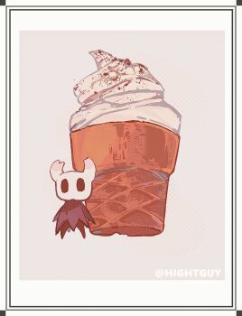 1other artist_name border film_grain food food_focus grey_background grey_cloak halftone halftone_background highres hightguy hollow_eyes hollow_knight horns ice_cream ice_cream_cone inset_border knight_(hollow_knight) outside_border simple_background soft_serve solo waffle_cone white_border wide_shot