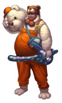 1boy absurdres animal_costume artist_request balloon_sword baseball_cap bear_costume black_survival commentary english_commentary facial_hair goatee hat highres holding holding_mascot_head mascot_costume official_art open_mouth orange_overalls overalls rosalio_benson smile solo standing third-party_source transparent_background