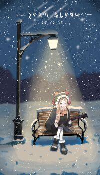 1girl abigail_williams_(fate) ameamaikafe bandaid bandaid_on_face bandaid_on_forehead bench black_boots black_dress blonde_hair boots closed_eyes closed_mouth commentary_request dated dress fate/grand_order fate_(series) fur-trimmed_boots fur_trim green_hat guitar hat highres holding holding_instrument instrument lamppost long_hair long_sleeves night outdoors pantyhose sitting snow snowing solo white_pantyhose