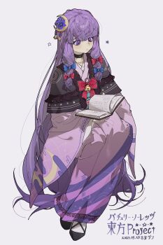 Rule 34 | 1girl, absurdly long hair, absurdres, alternate costume, bell, black capelet, black choker, blue bow, book, bow, capelet, character name, choker, closed mouth, commentary, copyright name, crescent, crescent hair ornament, crescent print, dated, eyebrows hidden by hair, flower, frilled capelet, frills, grey background, hair bow, hair flower, hair ornament, highres, holding, holding book, invisible chair, japanese clothes, jingle bell, kanzashi, kimono, lace, lace-trimmed capelet, lace-trimmed kimono, lace trim, light blush, long hair, long sleeves, looking at object, low-tied sidelocks, multiple hair bows, obi, open book, patchouli knowledge, purple eyes, purple flower, purple hair, purple kimono, reading, red bow, sash, shimiya jin, shoes, sidelocks, sitting, solo, star (symbol), star print, touhou, very long hair, wide sleeves