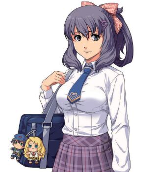 Rule 34 | 1girl, akatsuki no kiseki, arm at side, bag, bag charm, blue bag, blue necktie, bow, breasts, character charm, character request, charm (object), closed mouth, collared shirt, commentary request, contemporary, cowboy shot, eiyuu densetsu, hair bow, hair rings, highres, long sleeves, looking at viewer, medium breasts, necktie, official art, plaid clothes, plaid skirt, pleated skirt, purple eyes, purple hair, purple skirt, red bow, rixia mao, school bag, school uniform, shirt, shirt tucked in, simple background, single hair ring, skirt, smile, standing, third-party source, white background, white shirt