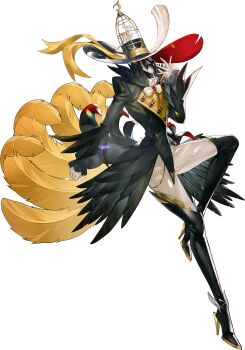 1boy absurdres artist_request bird birdcage black_feathers boots bow bowtie cage feathers full_body gloves hat hat_ribbon high_heel_boots high_heels highres leucothea_(persona) official_art persona persona_(summon) persona_5 persona_5:_the_phantom_x ribbon solo third-party_source transparent_background yellow_eyes yellow_feathers