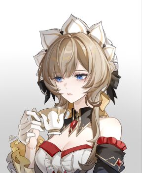 1girl bare_shoulders blue_eyes breasts chinese_commentary cleavage commentary_request cup detached_collar detached_sleeves elicooc genshin_impact gloves gradient_background grey_background grey_hair highres holding holding_cup long_hair long_sleeves sandrone_(genshin_impact) solo strapless teacup upper_body white_background white_gloves