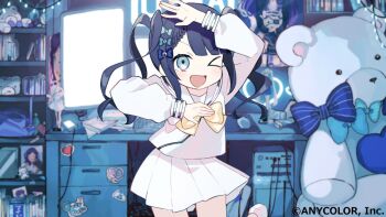 &gt;_o 1girl ;d absurdly_detailed_composition aiba_uiha arm_up black_hair blonde_hair blue_bow blue_eyes blue_sailor_collar blue_skirt bookshelf bow braid braided_bangs commentary_request computer computer_keyboard computer_mouse copyright_notice desk eyepatch figure glowing halo indoors internet_overdose loaded_interior long_hair long_sleeves monitor mousepad_(object) needy_girl_overdose nijisanji official_art one_eye_closed open_mouth pleated_skirt poster_(object) puffy_long_sleeves puffy_sleeves sailor_collar school_uniform serafuku shirt skirt smile sofra solo striped_bow stuffed_animal stuffed_toy teddy_bear twintails vertical_monitor very_long_hair virtual_youtuber white_sailor_collar white_serafuku white_shirt white_skirt