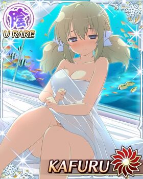 Rule 34 | 1girl, :>, aquarium, averting eyes, bed sheet, blonde hair, blush, border, breasts, card (medium), character name, cleavage, closed mouth, fish, game cg, hair ornament, kafuru (senran kagura), low twintails, medium breasts, medium hair, naked sheet, nervous sweating, nude, official art, on bed, purple eyes, senran kagura, senran kagura new wave, short twintails, sitting, solo, sweat, twintails, water, yellow pupils