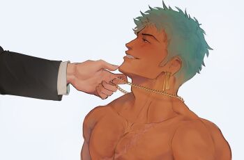 2boys absurdres collarbone earrings enthaluna green_hair grin hashtag-only_commentary highres jewelry layered_sleeves long_sleeves male_focus multiple_boys multiple_earrings muscular muscular_male necklace necklace_pull nude one_piece out_of_frame pectorals piercing roronoa_zoro sanji_(one_piece) scar scar_on_chest short_hair sideburns simple_background smile white_background yaoi