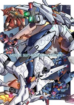 Rule 34 | absurdres, aiming, army, artist logo, artist name, assault visor, battle, beam cannon, beam rifle, cable, commentary, earth federation, energy beam, energy gun, english commentary, english text, film grain, firing, fleet, flying, gundam, gundam hathaway's flash, gustav karl, gylmyr, highres, holding, holding weapon, logo, mecha, mecha focus, messer (mobile suit), messer emerelda zubin custom, mobile suit, muzzle flash, no humans, penelope (hathaway's flash), red visor, robot, science fiction, shield, thrusters, title, upside-down, v-fin, war, weapon, xi gundam